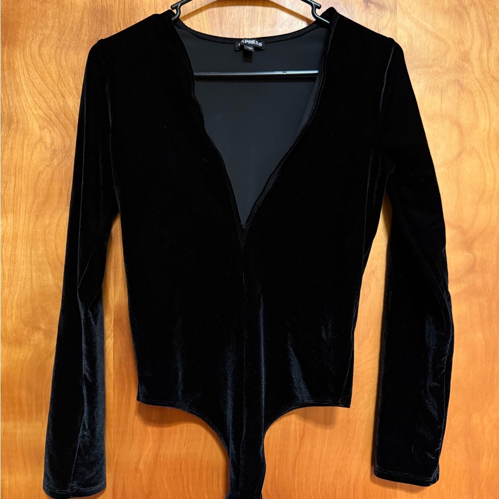 Express Black Velvet Long Sleeve Bodysuit with thong closure